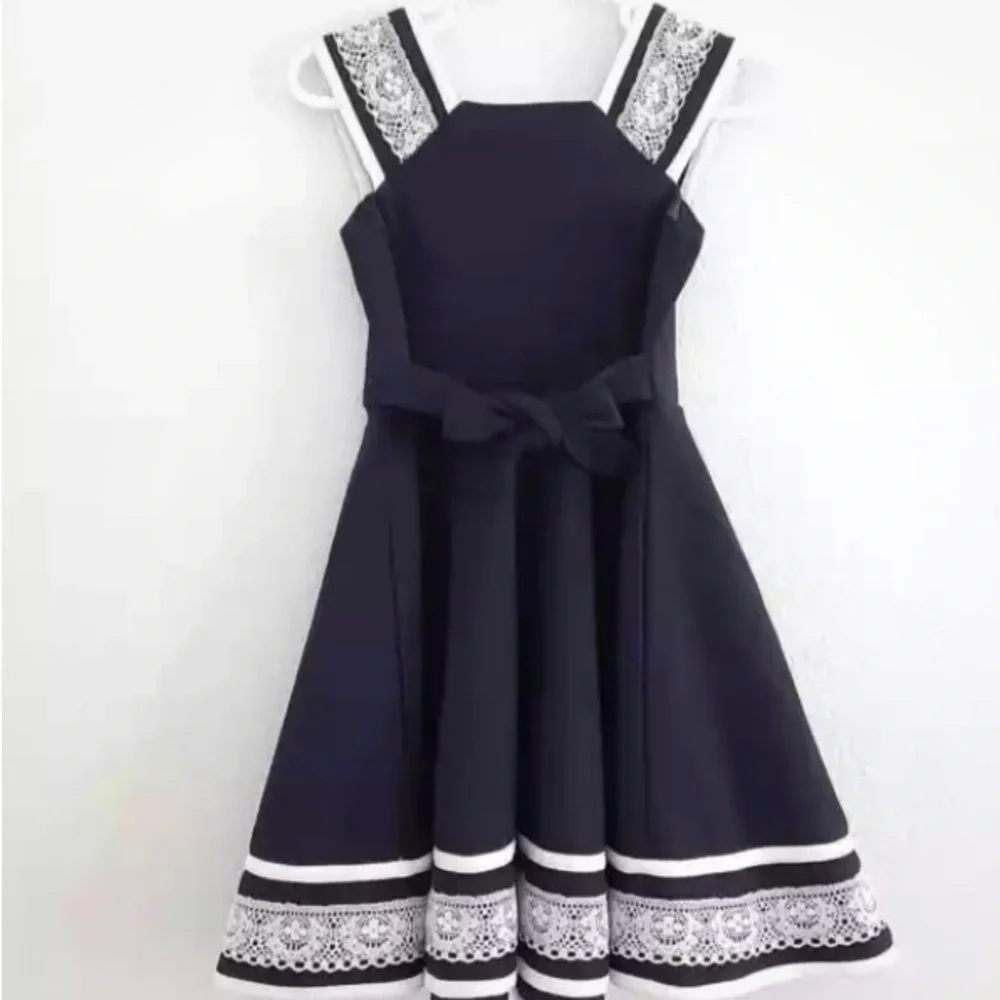 Bonnie Jean Girls 5 Navy Fit & Flare Party Dress Navy Blue White Lace Tie Waist